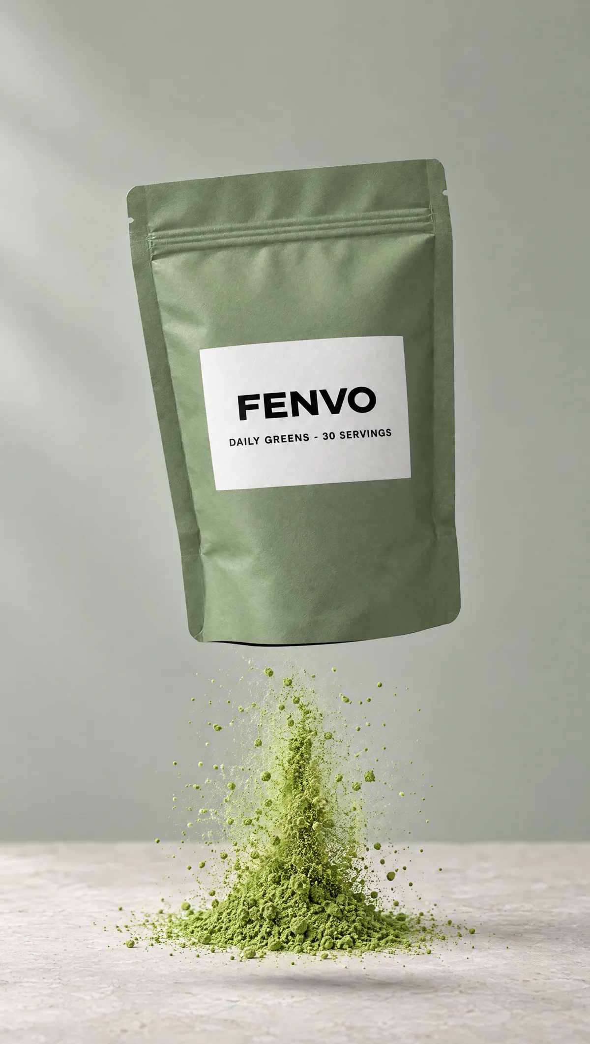 FENVO Daily Greens pouch dropping into a cloud of green powder