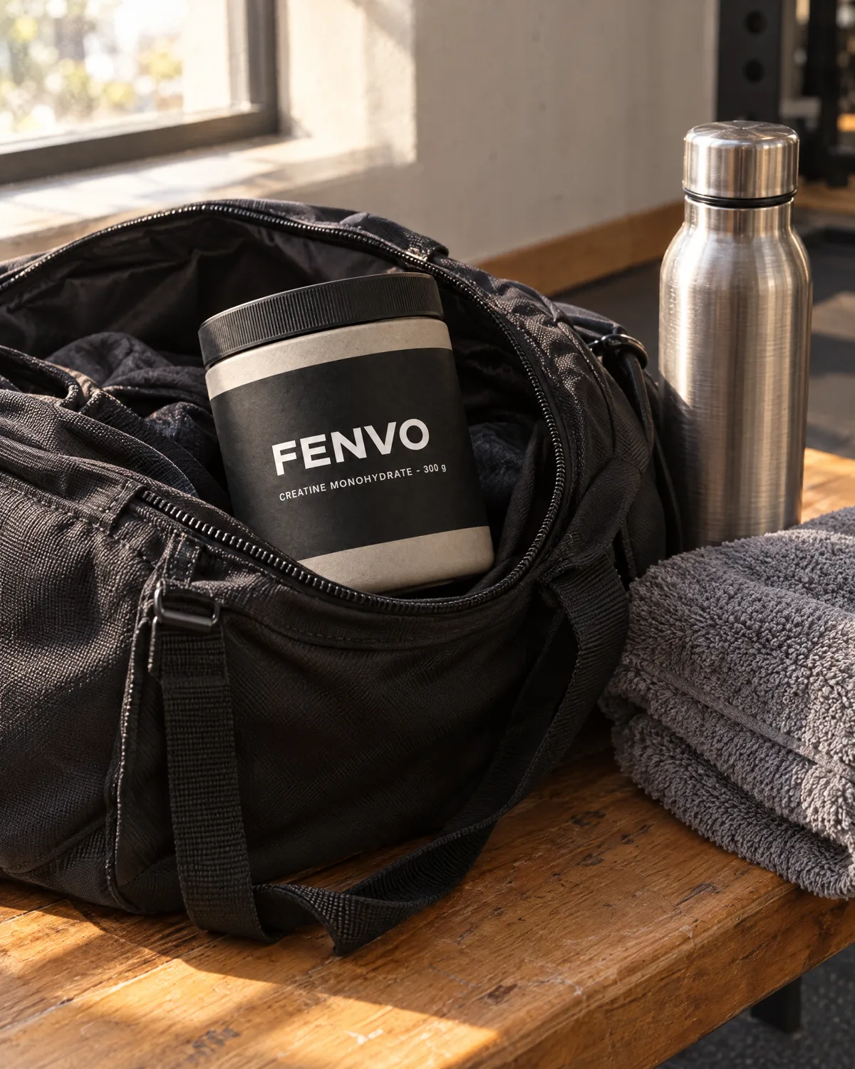 FENVO creatine tub in an open gym bag