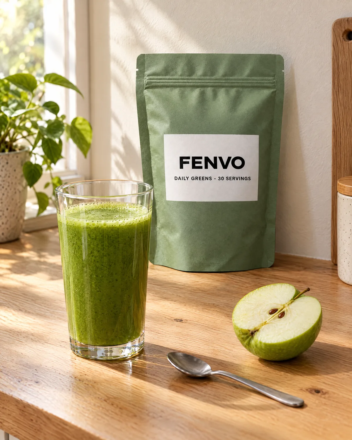 FENVO Daily Greens pouch with a green drink on a sunlit table