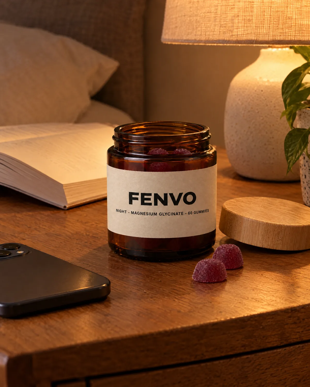 FENVO magnesium gummies jar on a bedside table at night